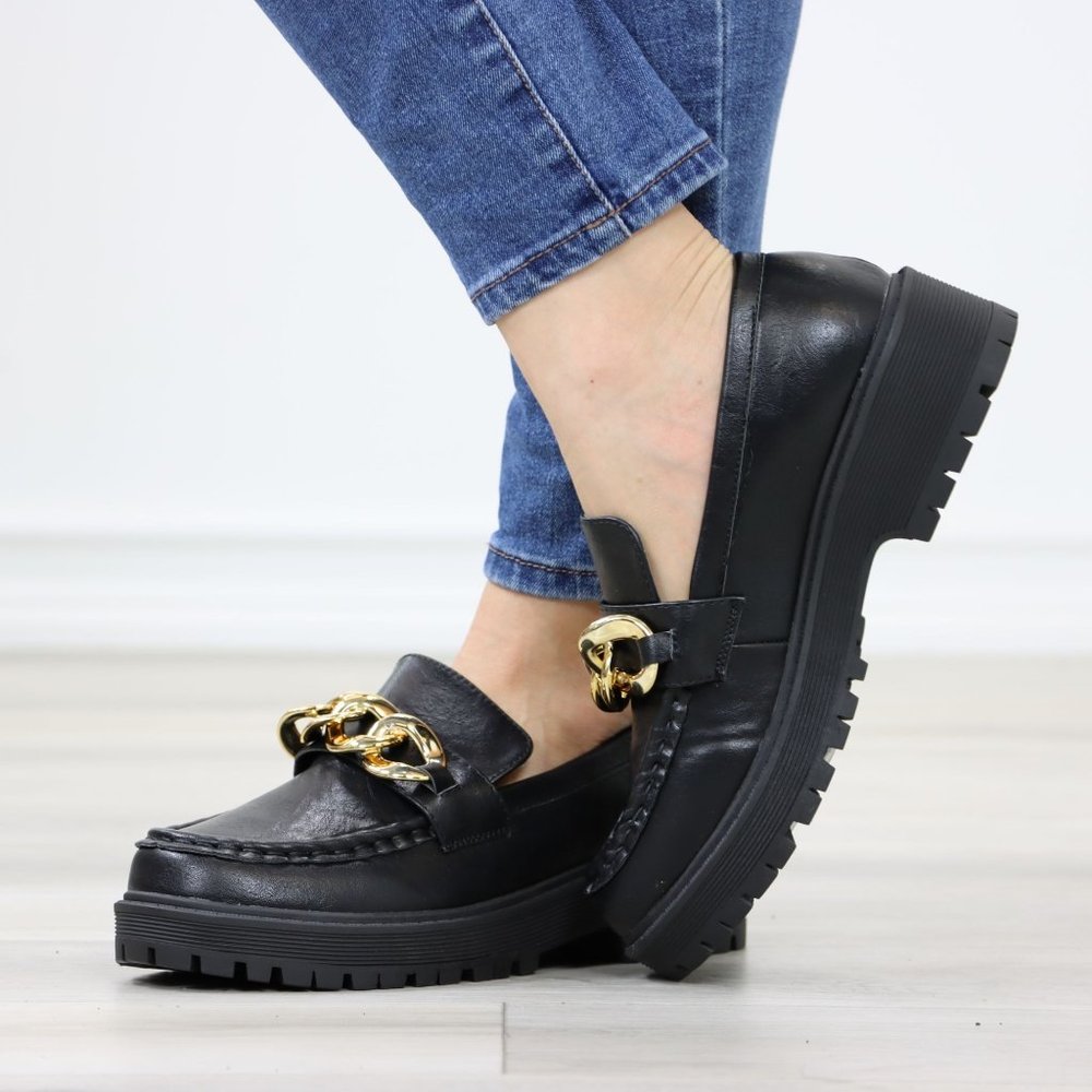 Chunky Lug Sole Slip On Penny Loafers Platform With Gold Chain - Picture 8 of 13